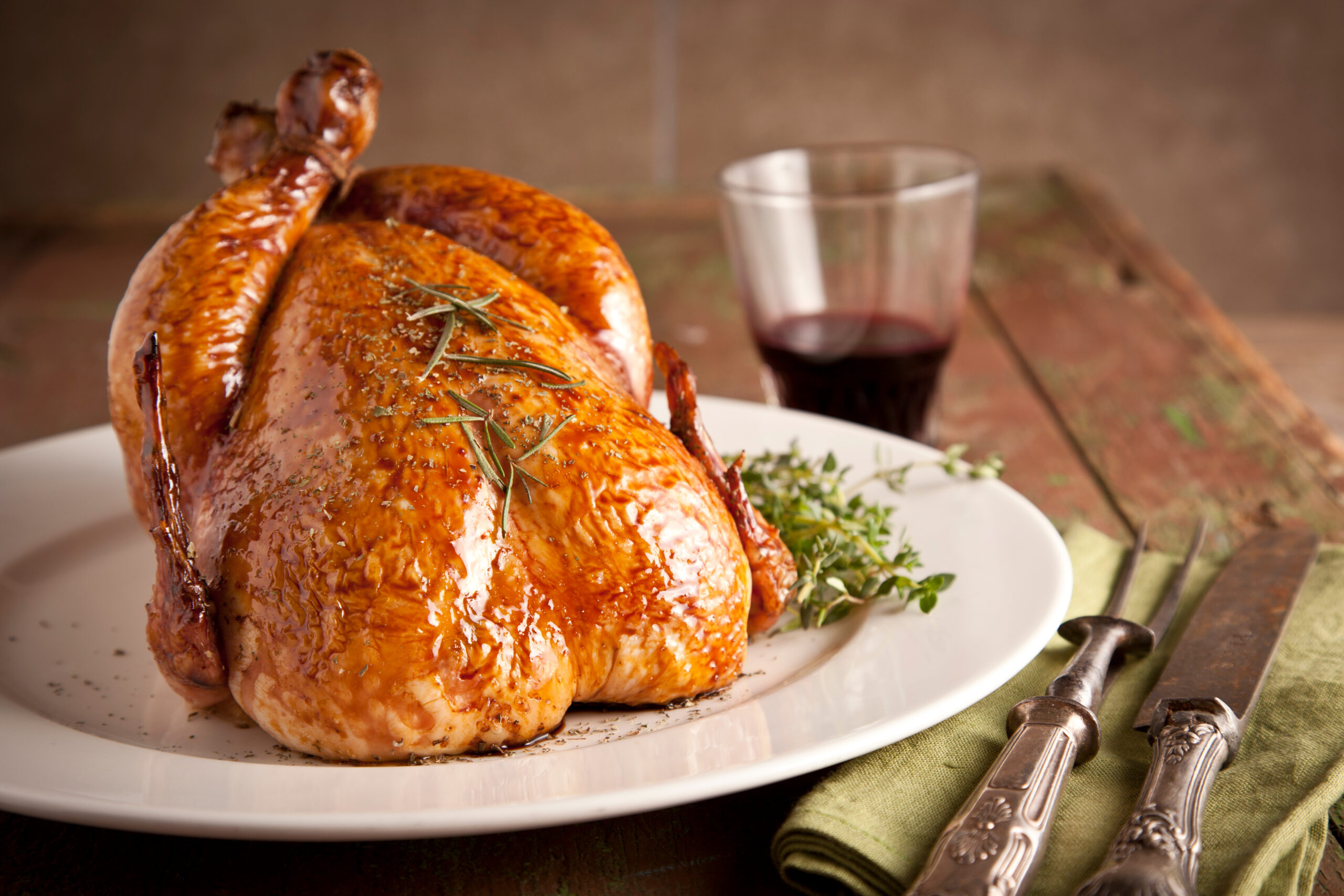 Grilled turkey on wooden plate for christmas and thanks giving